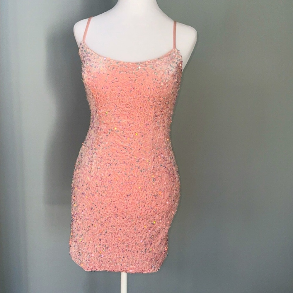 House of CB Baby Pink Velour Sparkly Homecoming dress